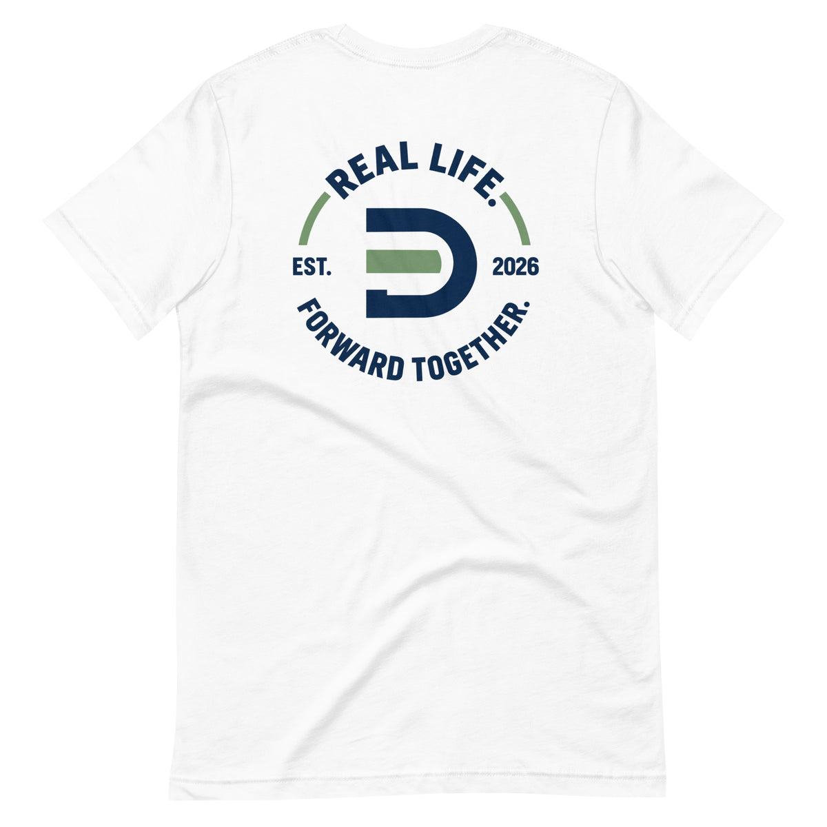 White Dads in the Game Real Life Wheel T-shirt, back view showing the large Real Life, Forward Together wheel design