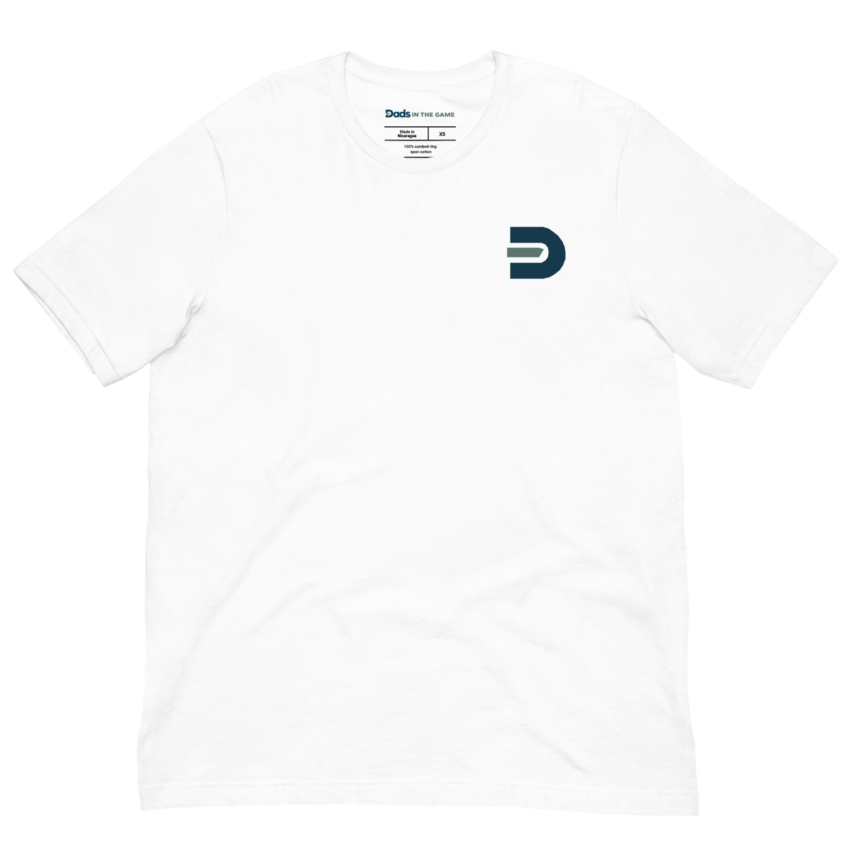 White Dads in the Game Signature T-shirt, front view with small D emblem on the left chest