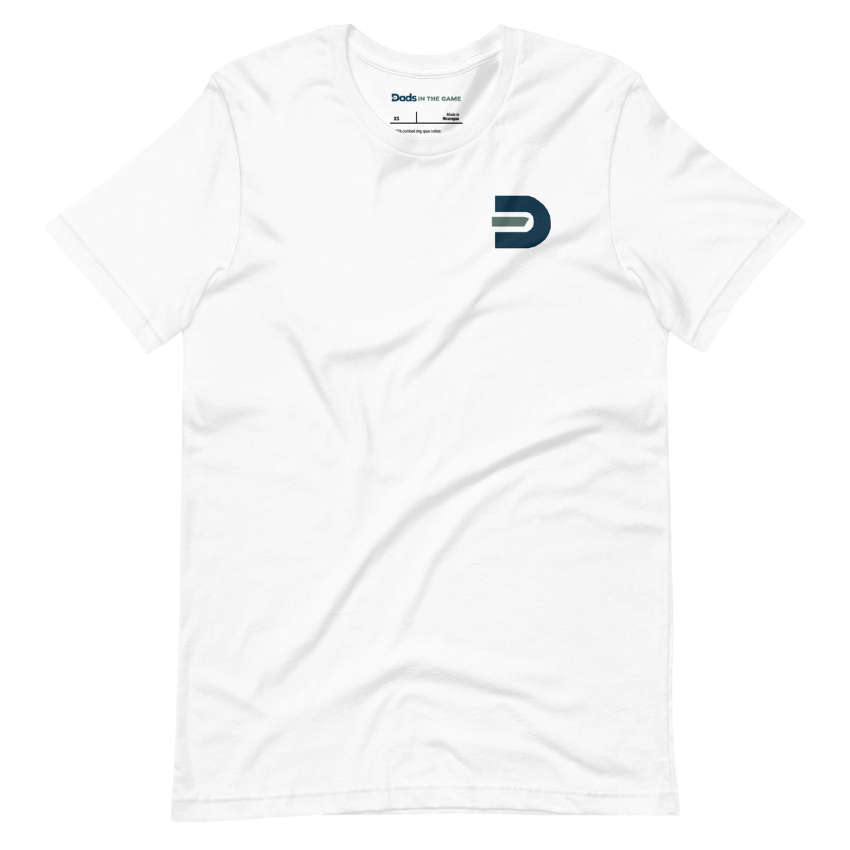White Dads in the Game Real Life Wheel T-shirt, front view with small D emblem on the left chest