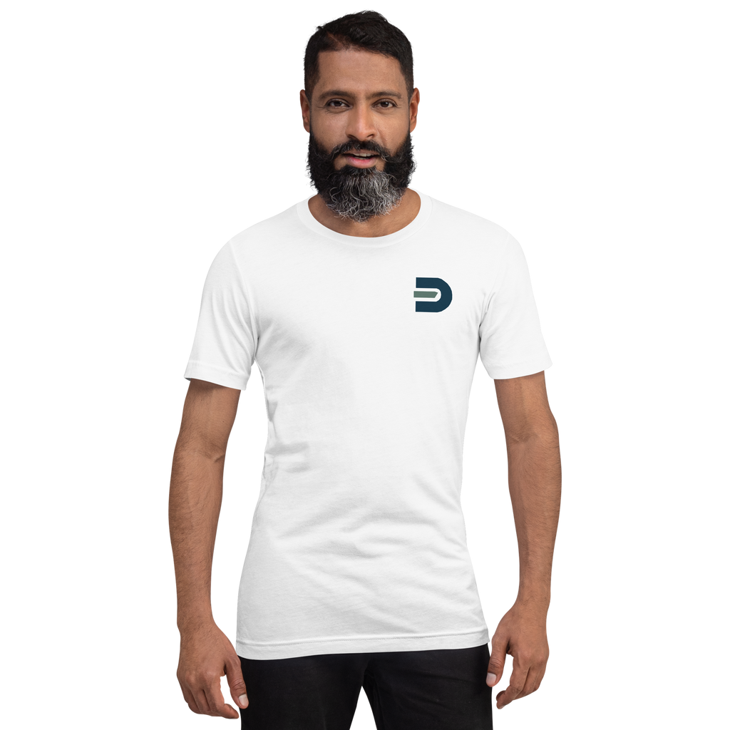 Model wearing the white Dads in the Game Real Life Wheel T-shirt, front view with small D emblem on the left chest