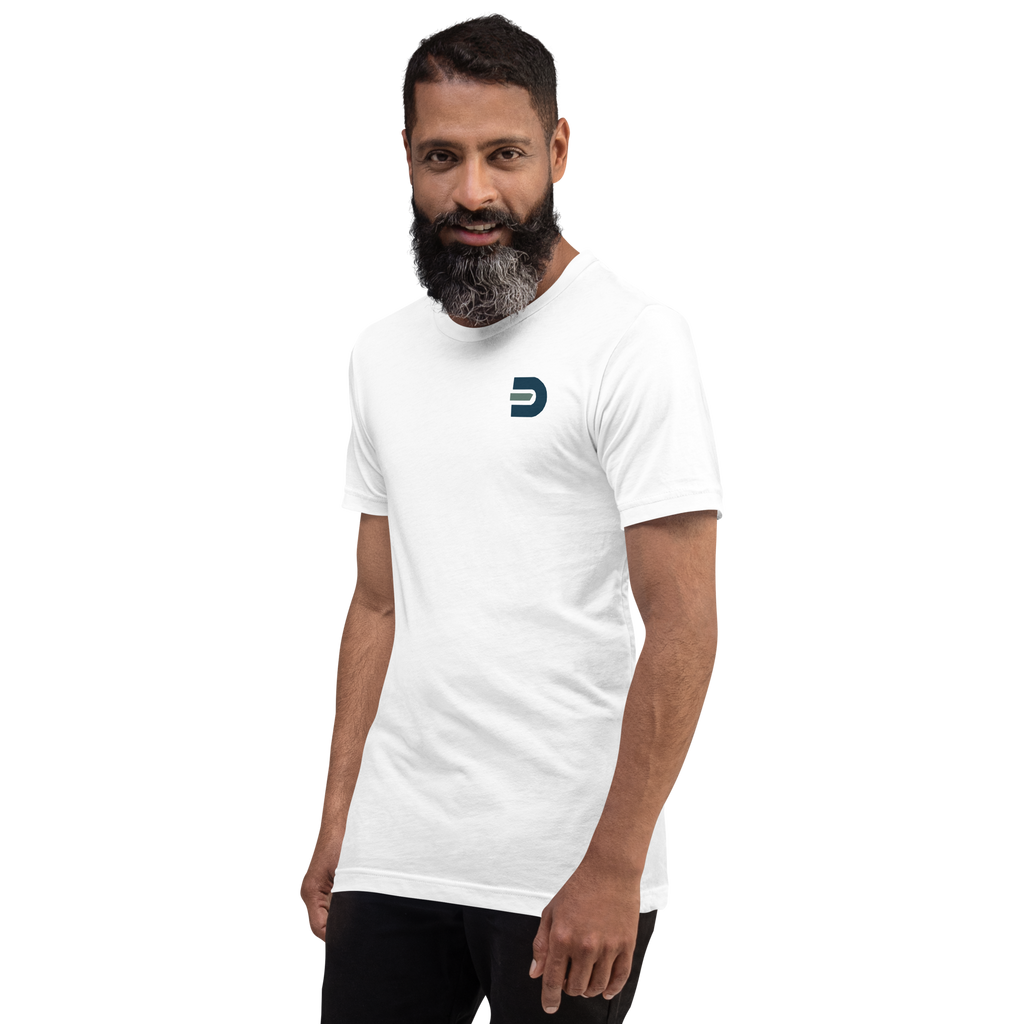 Model wearing the white Dads in the Game Signature T-shirt, angled front view with small D emblem on the left chest