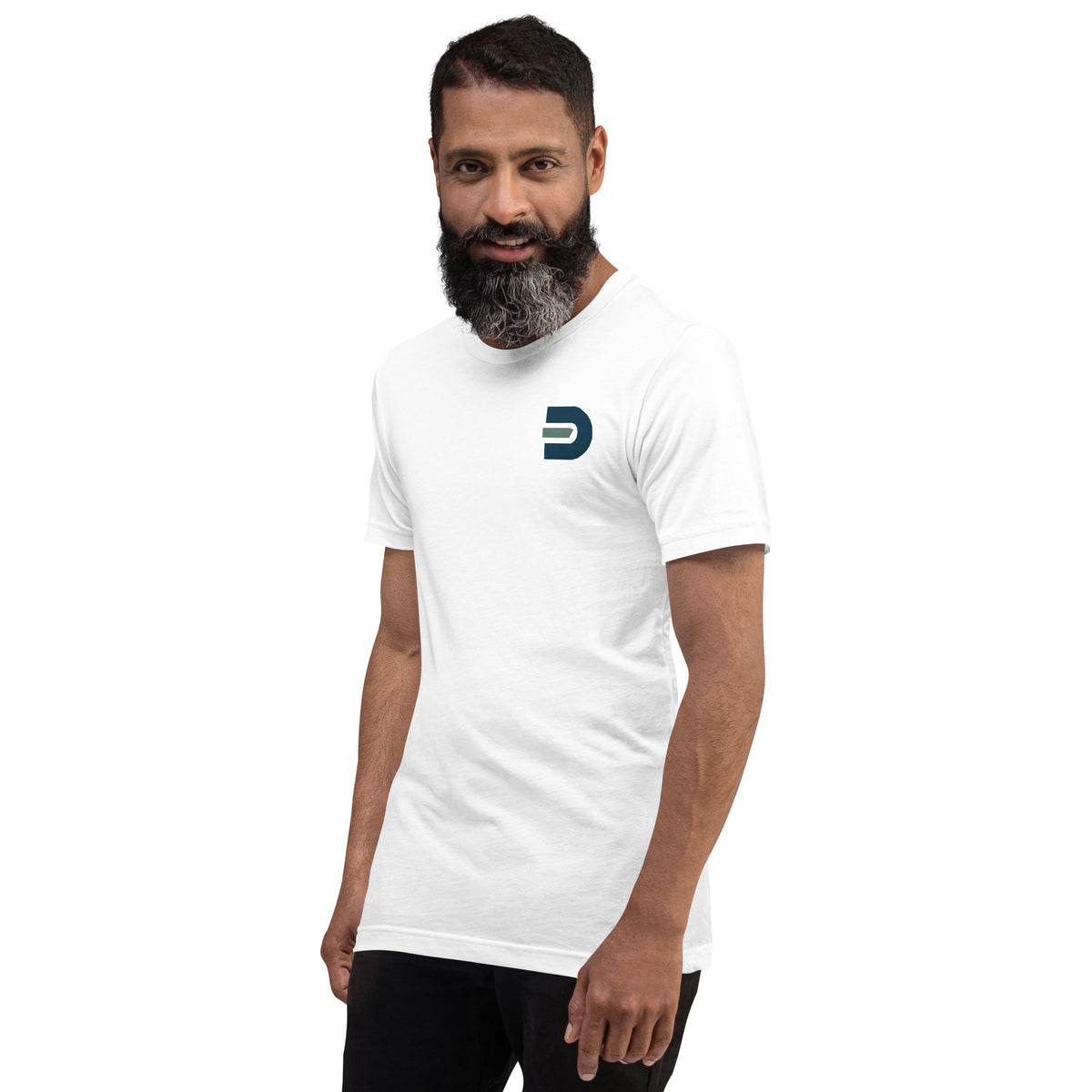 Model wearing the white Dads in the Game Real Life Wheel T-shirt, alternate angled front view with small D emblem on the left chest