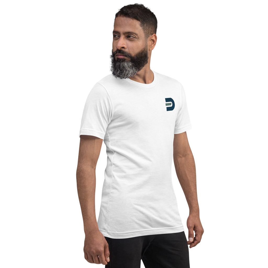 Model wearing the white Dads in the Game Real Life Wheel T-shirt, angled front view with small D emblem on the left chest