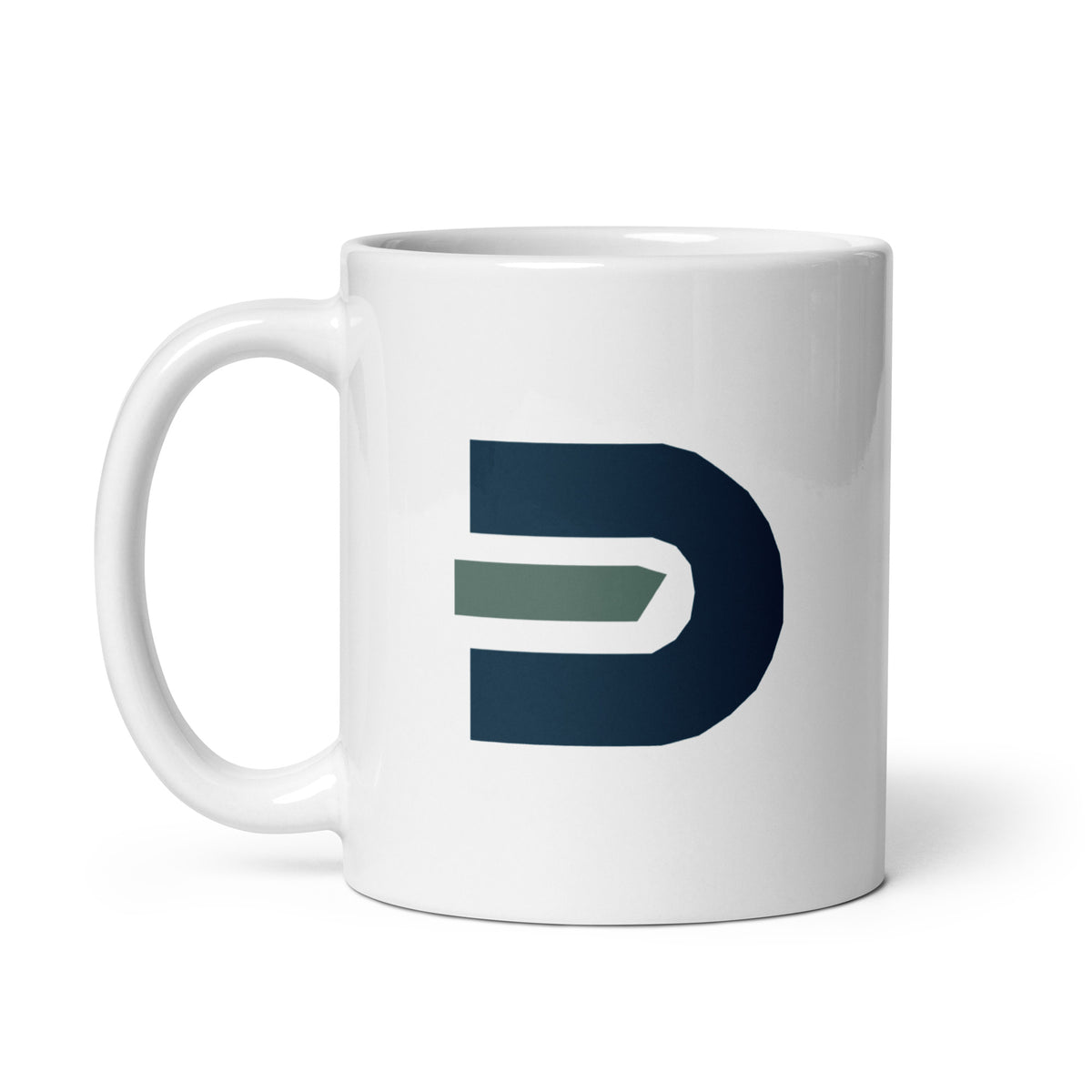 White Dads in the Game 11 oz ceramic mug with navy and green D emblem, handle on the left