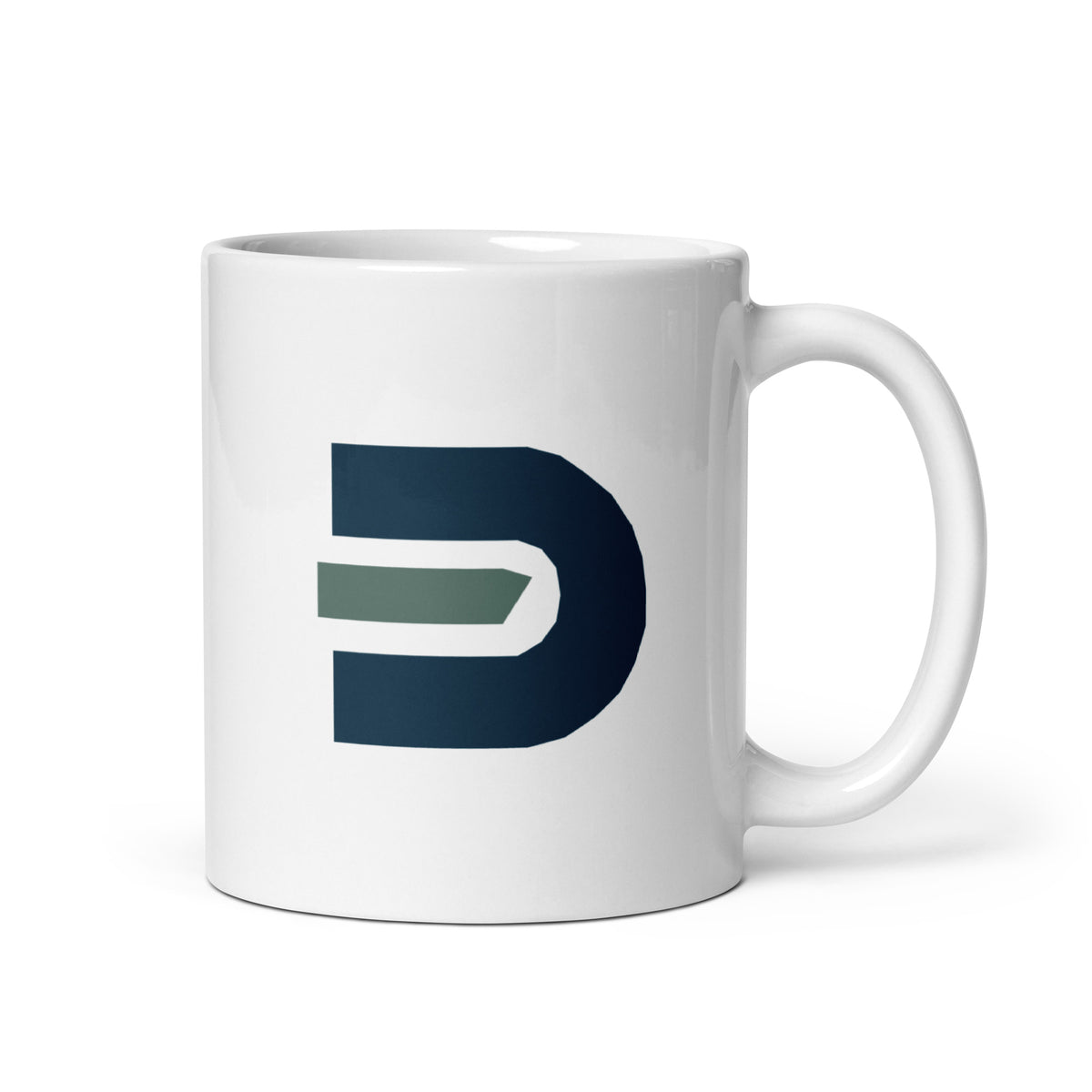 White Dads in the Game 11 oz ceramic mug with navy and green D emblem, handle on the right