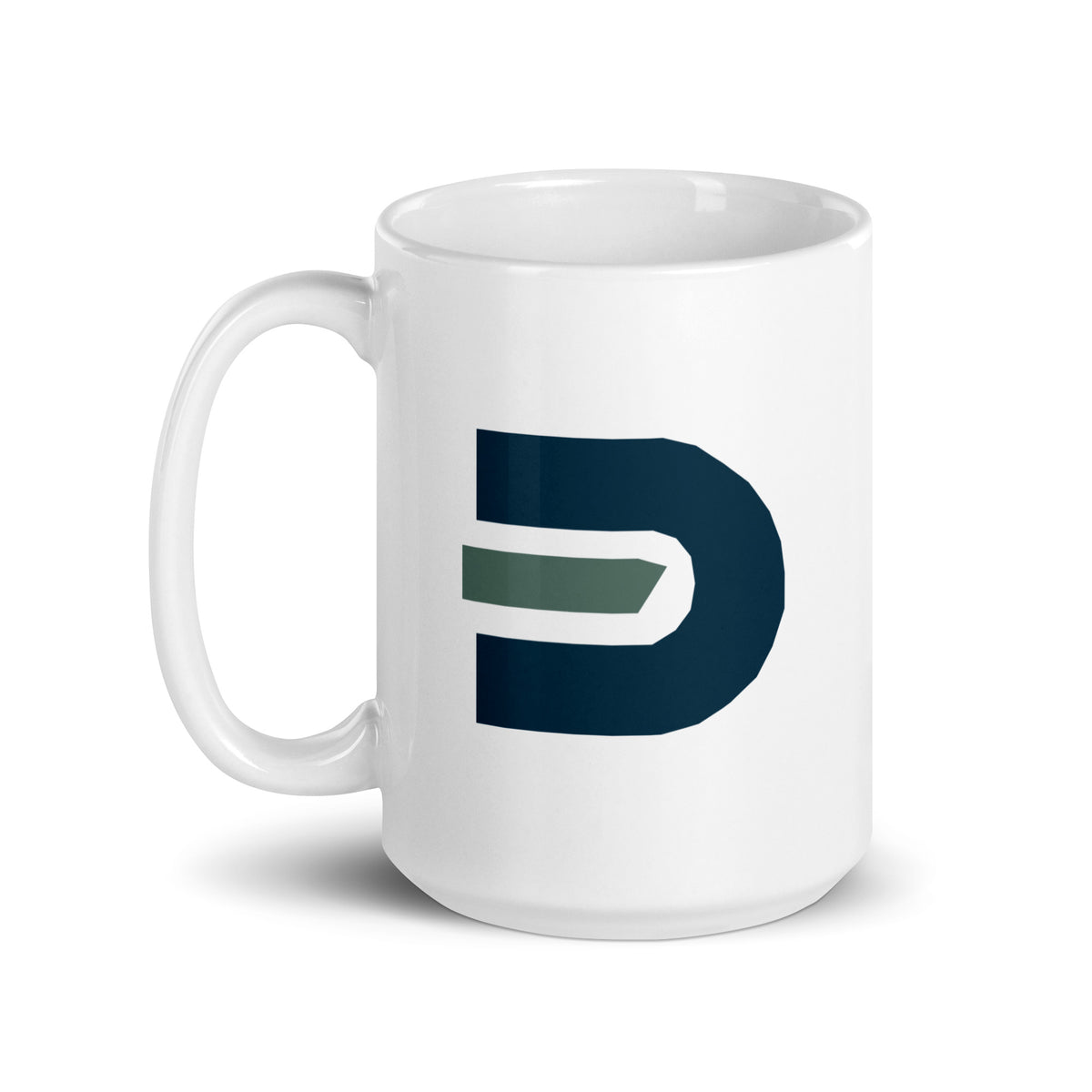 White Dads in the Game 15 oz ceramic mug with navy and green D emblem, handle on the left