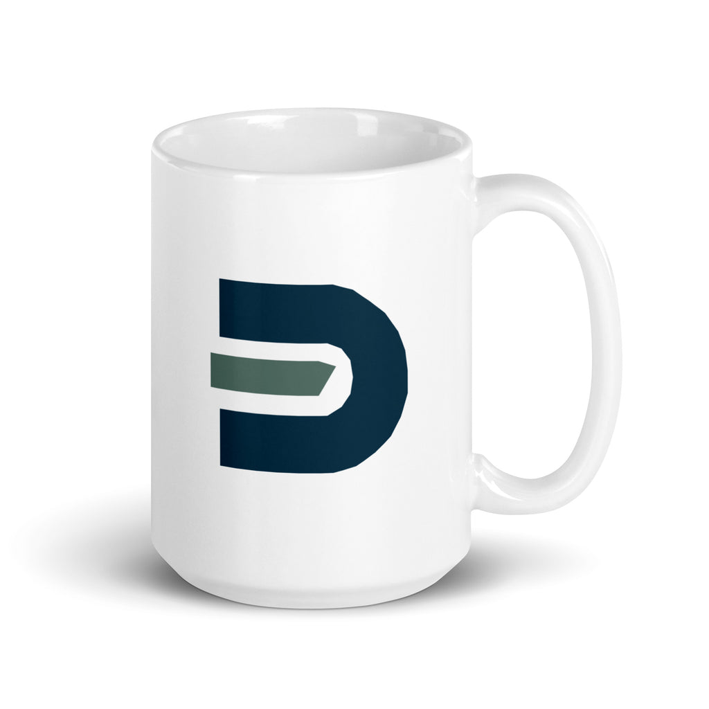 White Dads in the Game 15 oz ceramic mug with navy and green D emblem, handle on the right