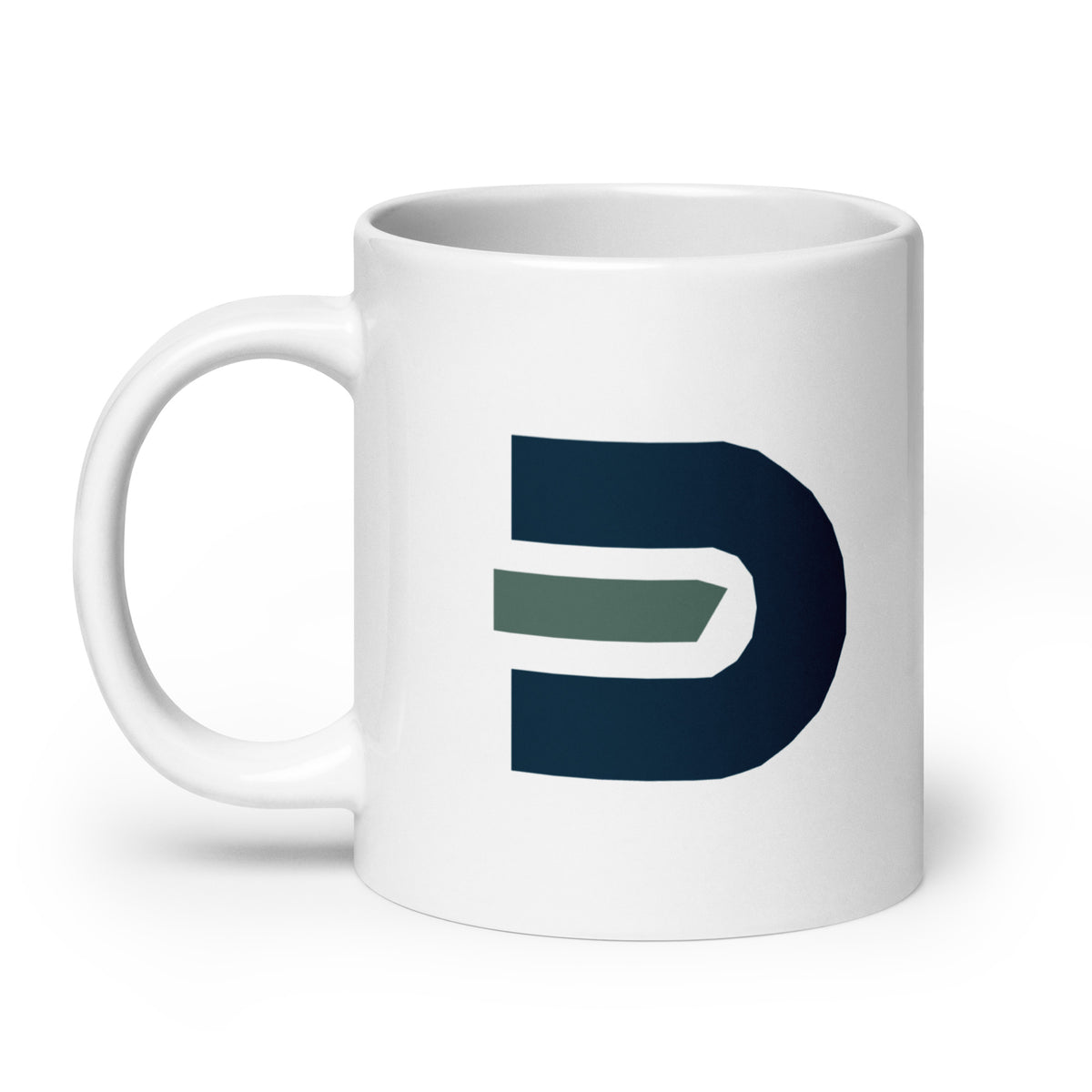 White Dads in the Game 20 oz ceramic mug with navy and green D emblem, handle on the left
