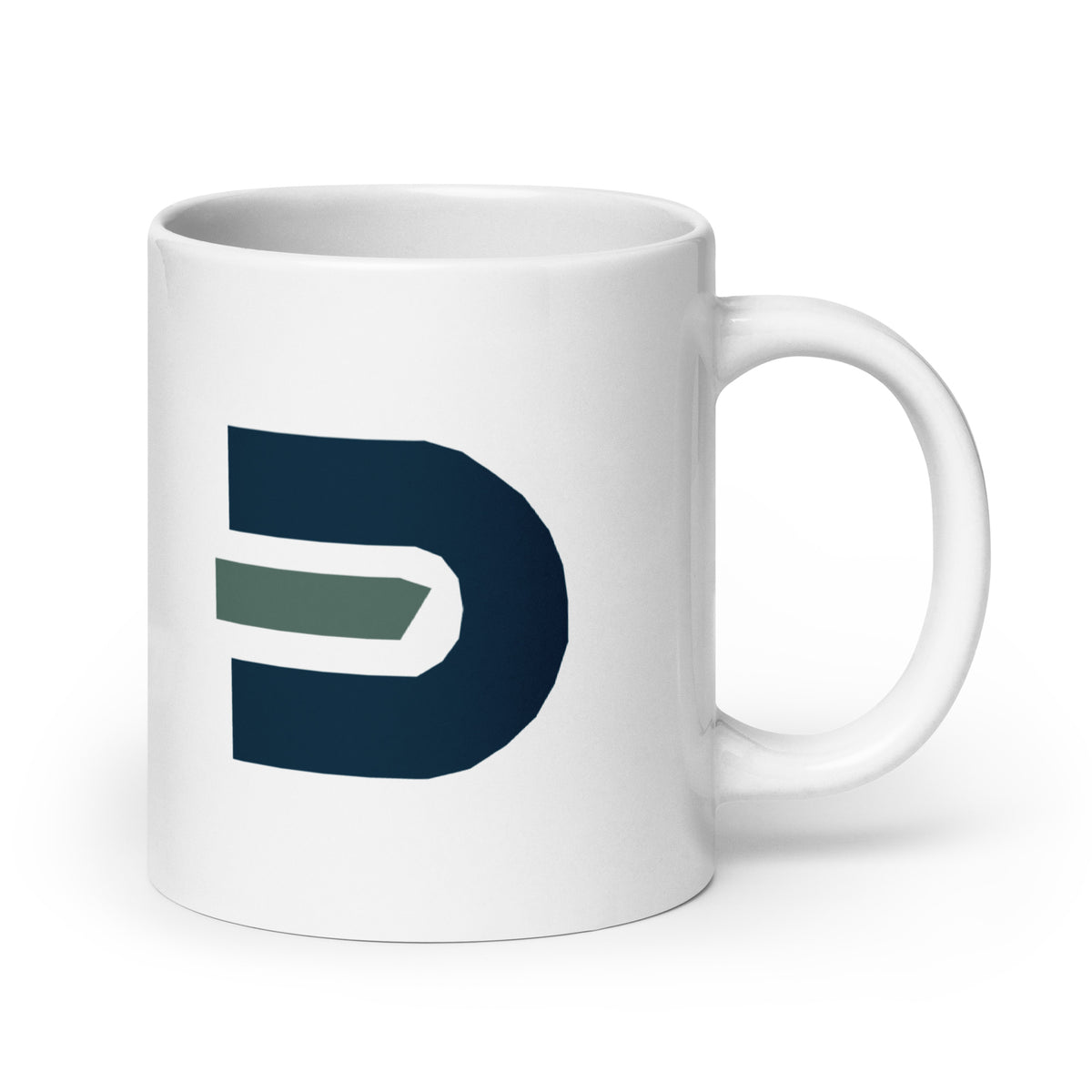 White Dads in the Game 20 oz ceramic mug with navy and green D emblem, handle on the right